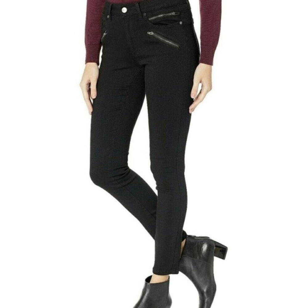Kenneth Cole Jess Skinny Black Moto Zipper Jeans Stretch Gold Zip Women's Size 4